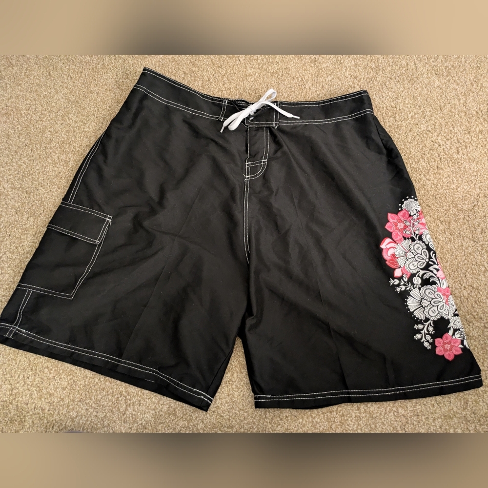 Swimsuits For All Black and Pink Floral Board Shorts
